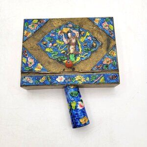 Vintage Brass Ashtray Box with Floral Cloisonne Enamel Brass Lid & Handle